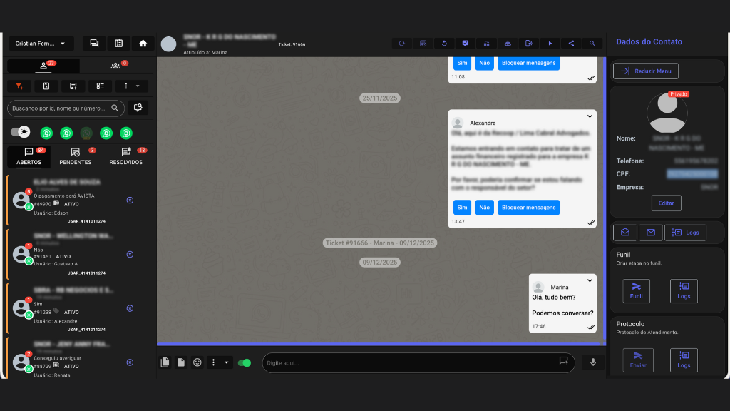Tela de Chat e Atendimento do CobZap